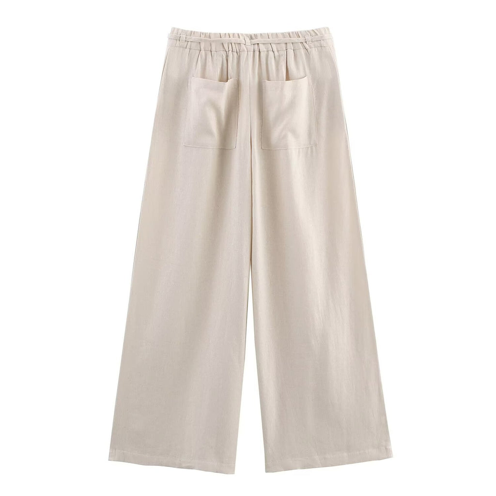 Women's new fashion with Belt loose casual linen blended wide leg pants