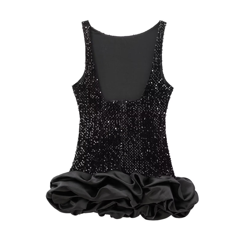 Women's sequined decorative sleeveless backless floral bud dress