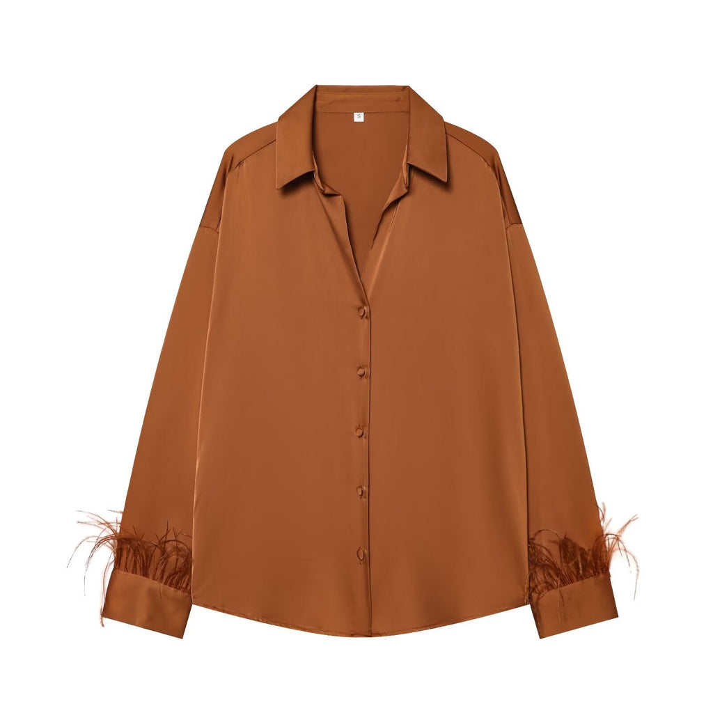 Women's feather decorated lapel satin textured shirt