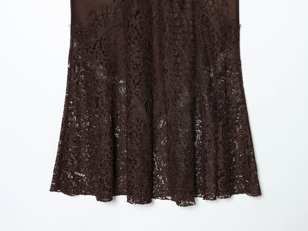 Women's lace hem satin texture MIDI skirt