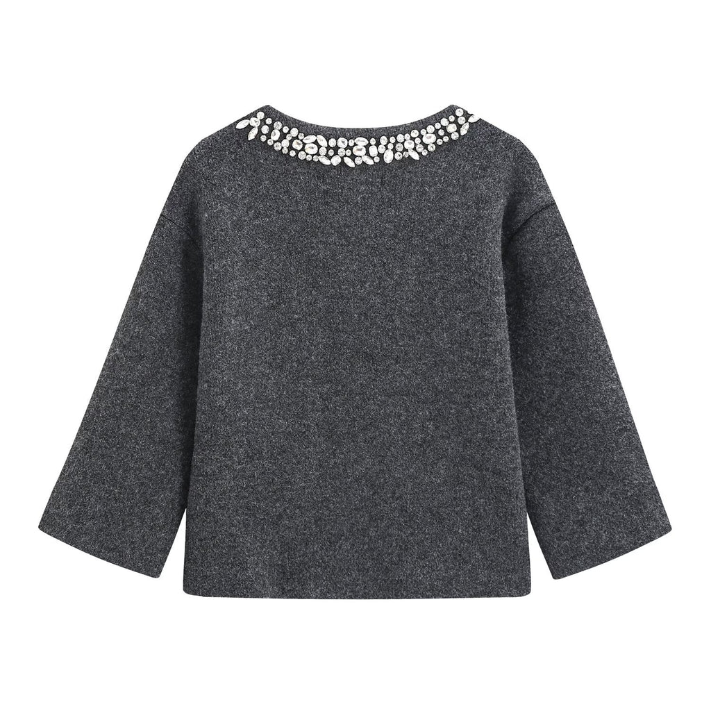 Women's bead decoration round neck knitted Coat