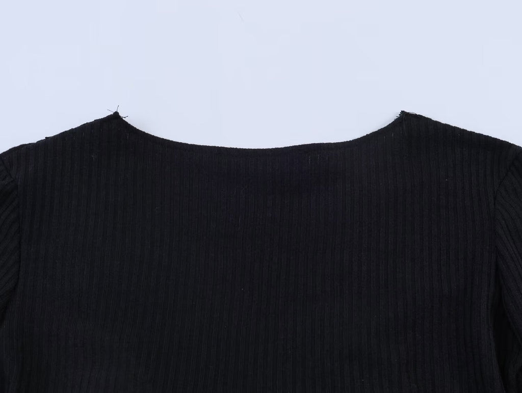 Women's slim V-neck ribbed patchwork top
