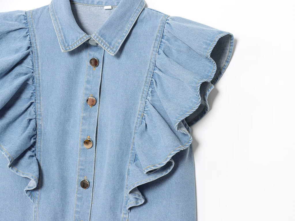 Women's new fashion layered decoration sleeveless denim shirt