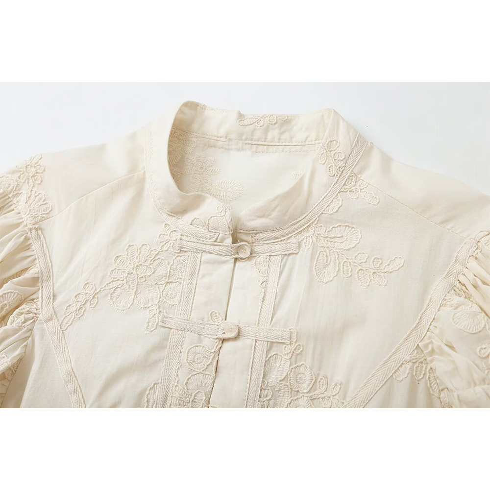 Women's rope knot button pleated embroidered shirt