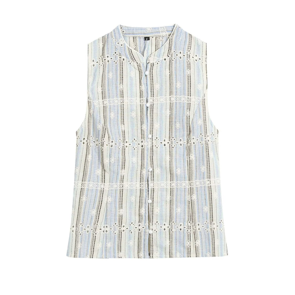 suit Women's 2 pieces sleeveless striped embroidered top+skirt