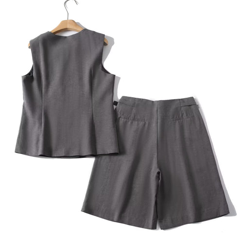 suit Women's 2 pieces double breasted linen blend vest+Shorts