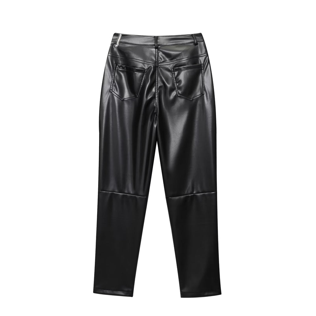 Women's new fashion black stand collar Faux Leather jacket Coat+Pants suit