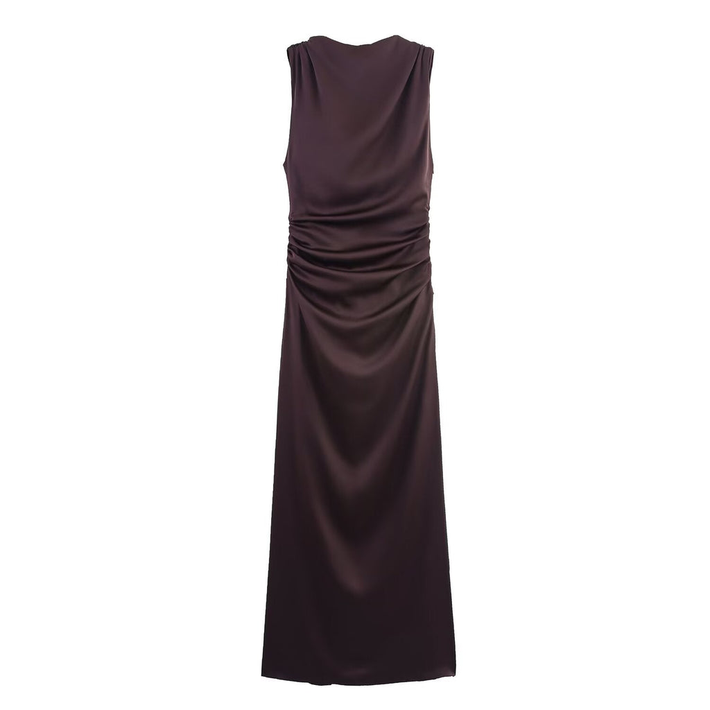 Women's chic Fashion backless satin textured pleated Midi dress
