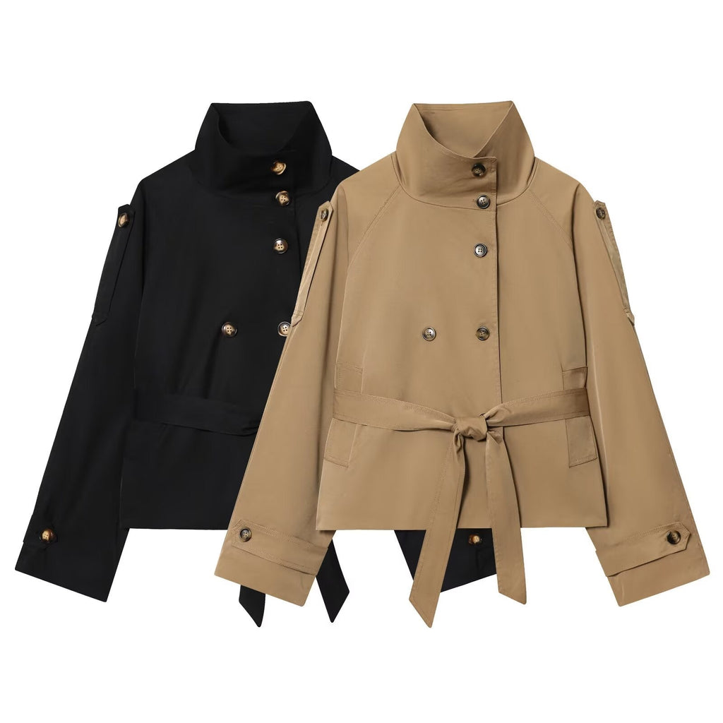 Women's 2025 New With Belt Short Double breasted Windbreaker Coat