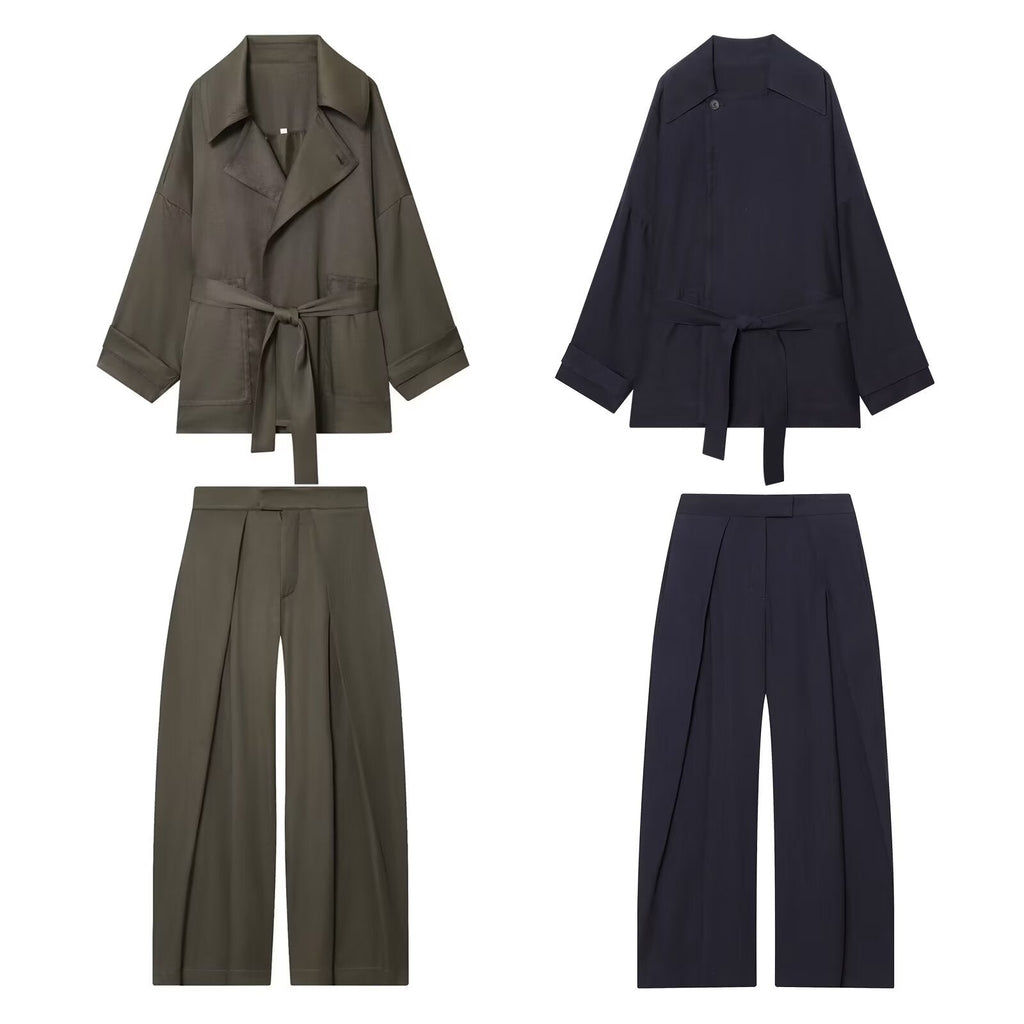Women's New Fashion With Belt Loose Button-up Lapel Coat+Pants Suit