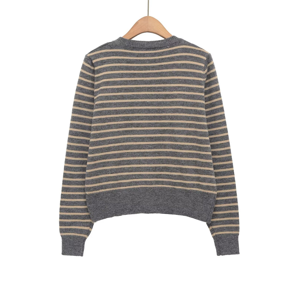 Women's soft textured O Neck striped knitted Coat