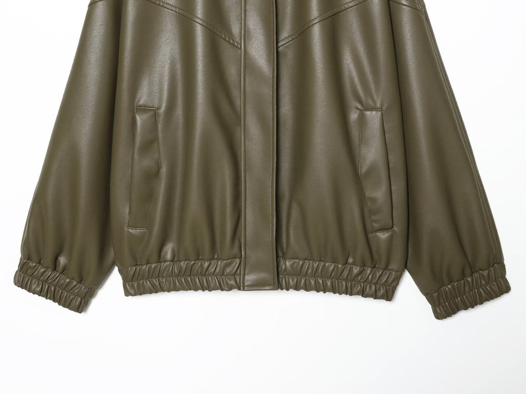 Women's standing collar faux leather pilot jacket Coat