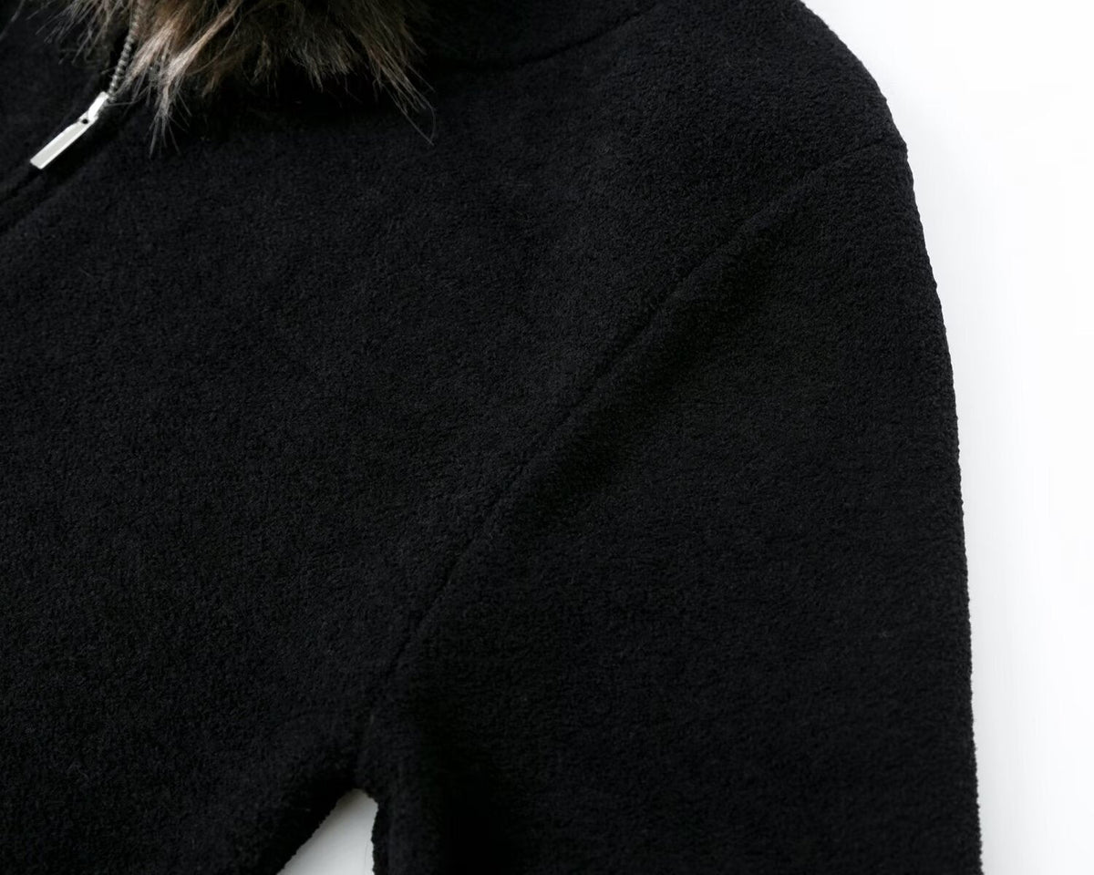 Women's fur collar zipper hooded knitted cardigan