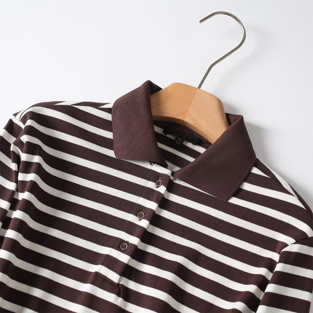 Women's new fashion long sleeved cotton striped knitted top