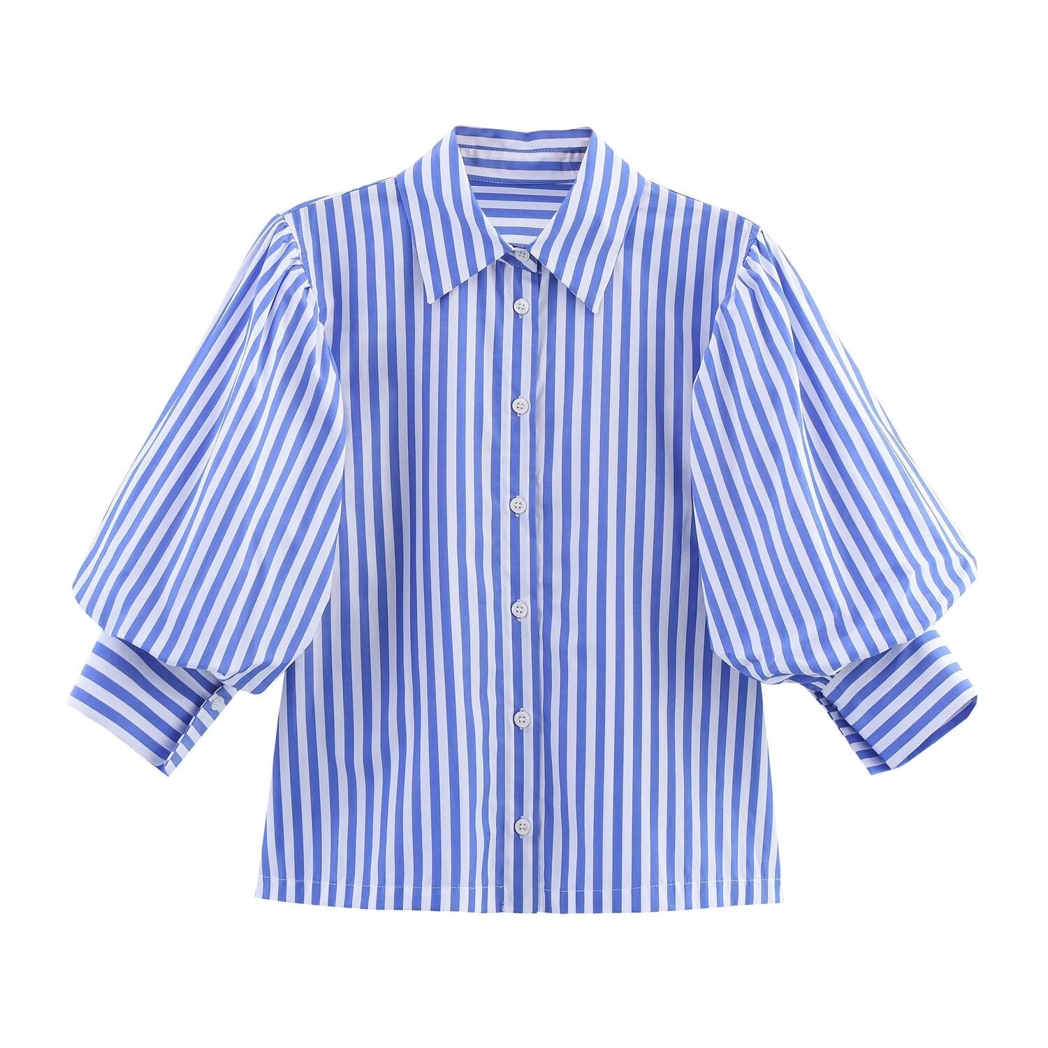 Women's new fashion bubble sleeves comfortable striped poplin shirt