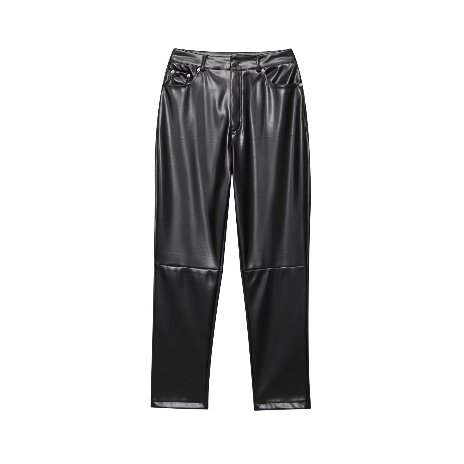 Women's new fashion black stand collar Faux Leather jacket Coat+Pants suit