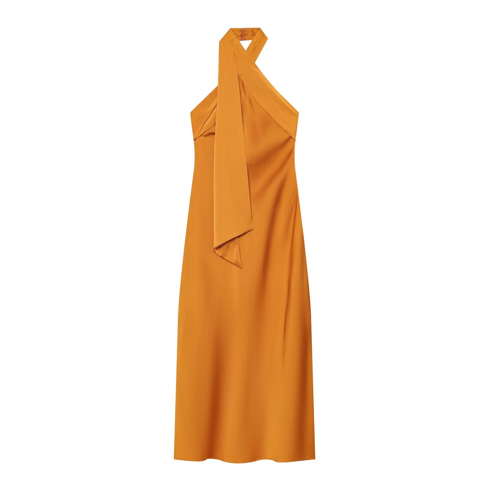 Women's satin texture hanging neck MIDI dress