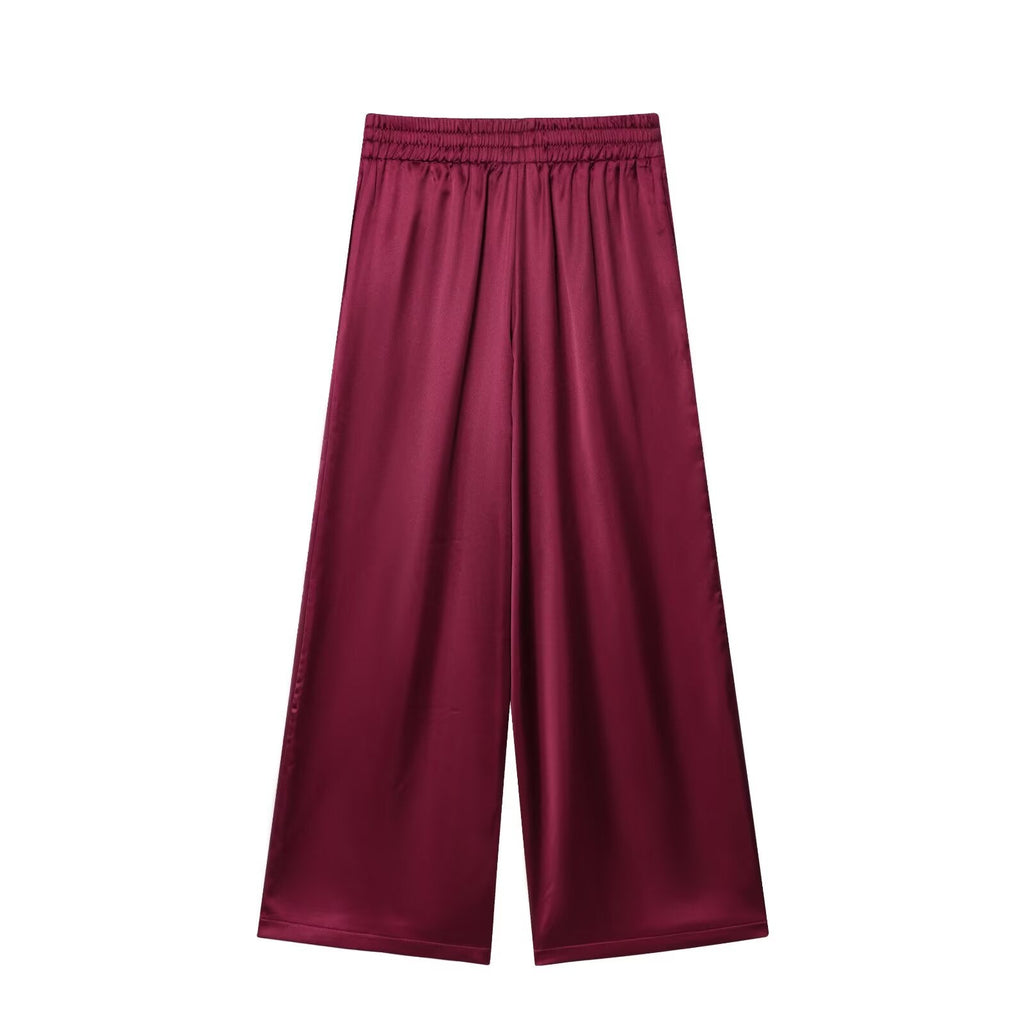 Women's new fashion with Belt short sleeved satin textured shirt+Pants suit