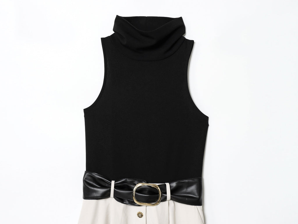Women's New Fashion With Belt Sleeveless Splicing Midi Dress