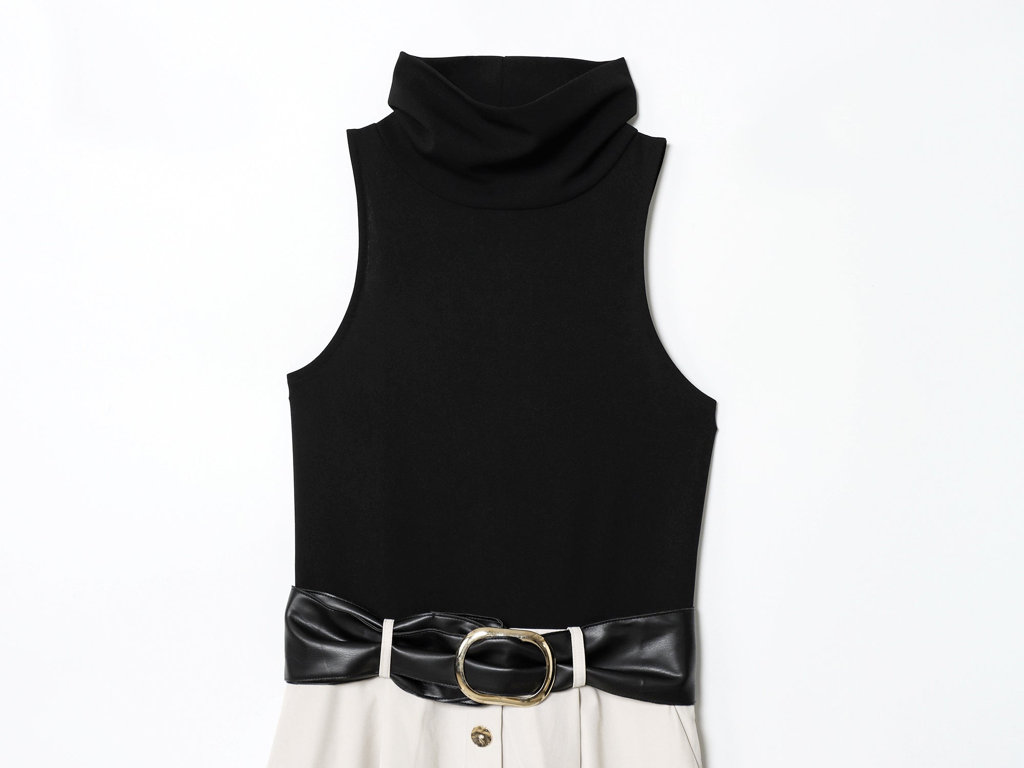 Women's New Fashion With Belt Sleeveless Splicing Midi Dress