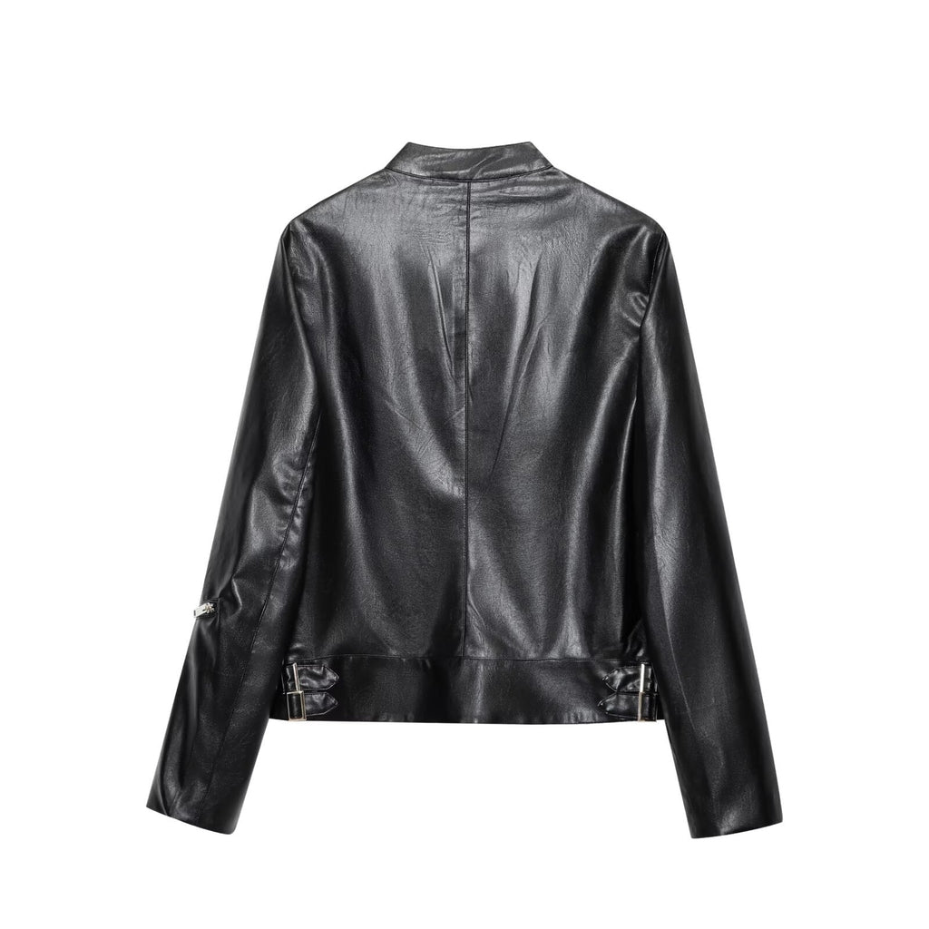 Women's new fashion black stand collar Faux Leather jacket Coat+Pants suit