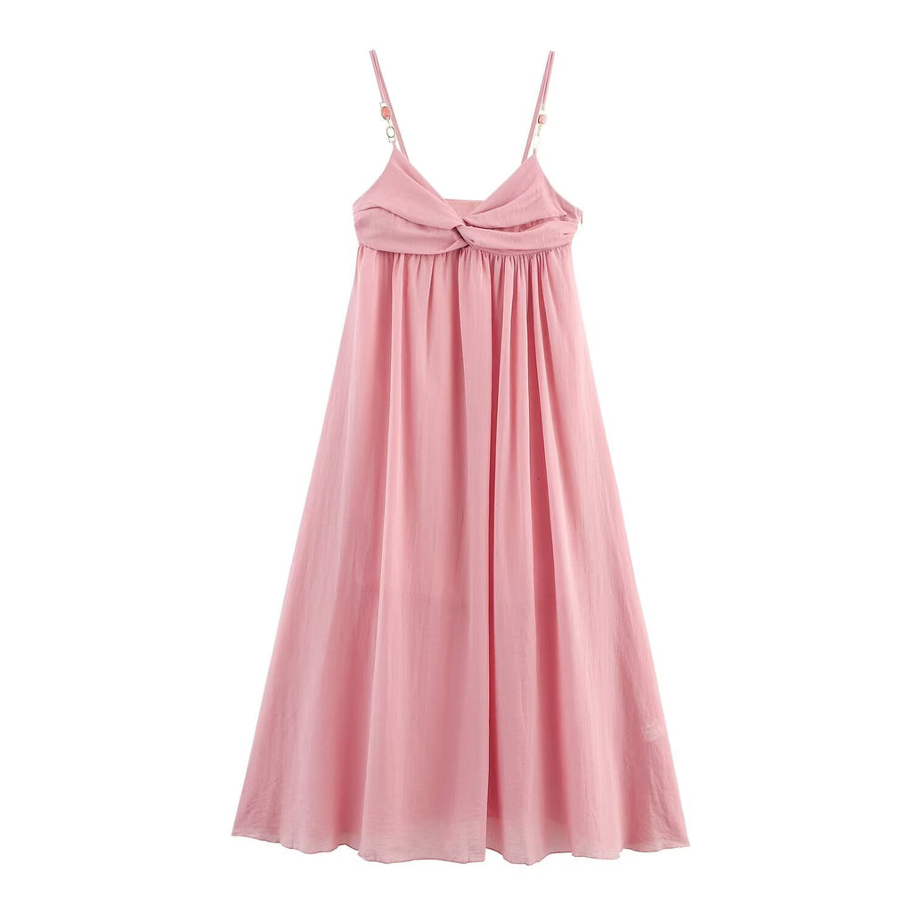 Women's New Fashion Knot Decoration Beaded suspender Midi Dress