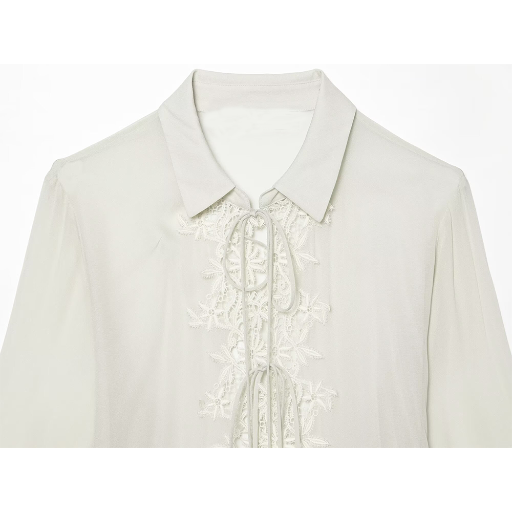 Women's long sleeved lapel embroidered lace shirt