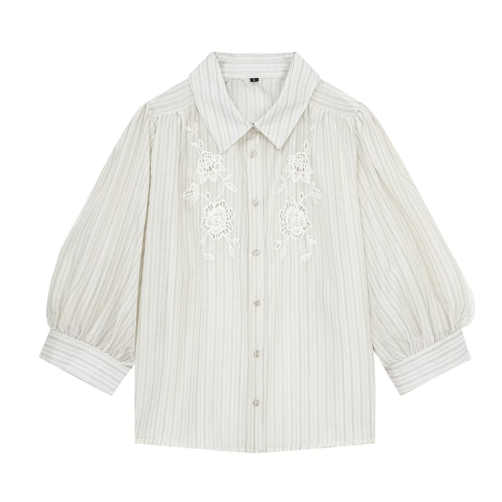 Women's hollowed out embroidered striped shirt