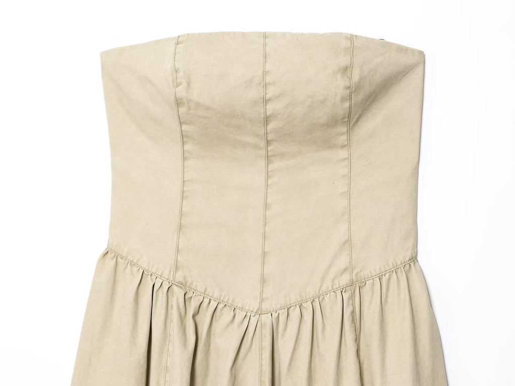 Women's new fashion wide pleated hem sleeveless strapless MIDI dress