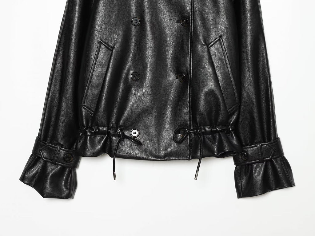 Women's black double breasted Imitation leather jacket