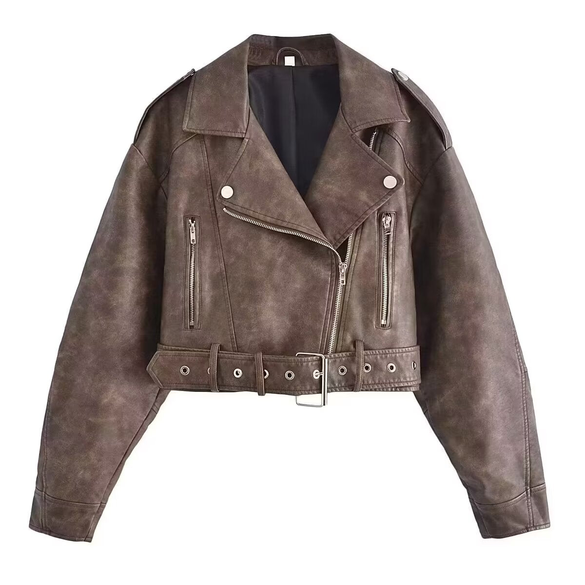 Women's with Belt short Faux Leather jacket Coat