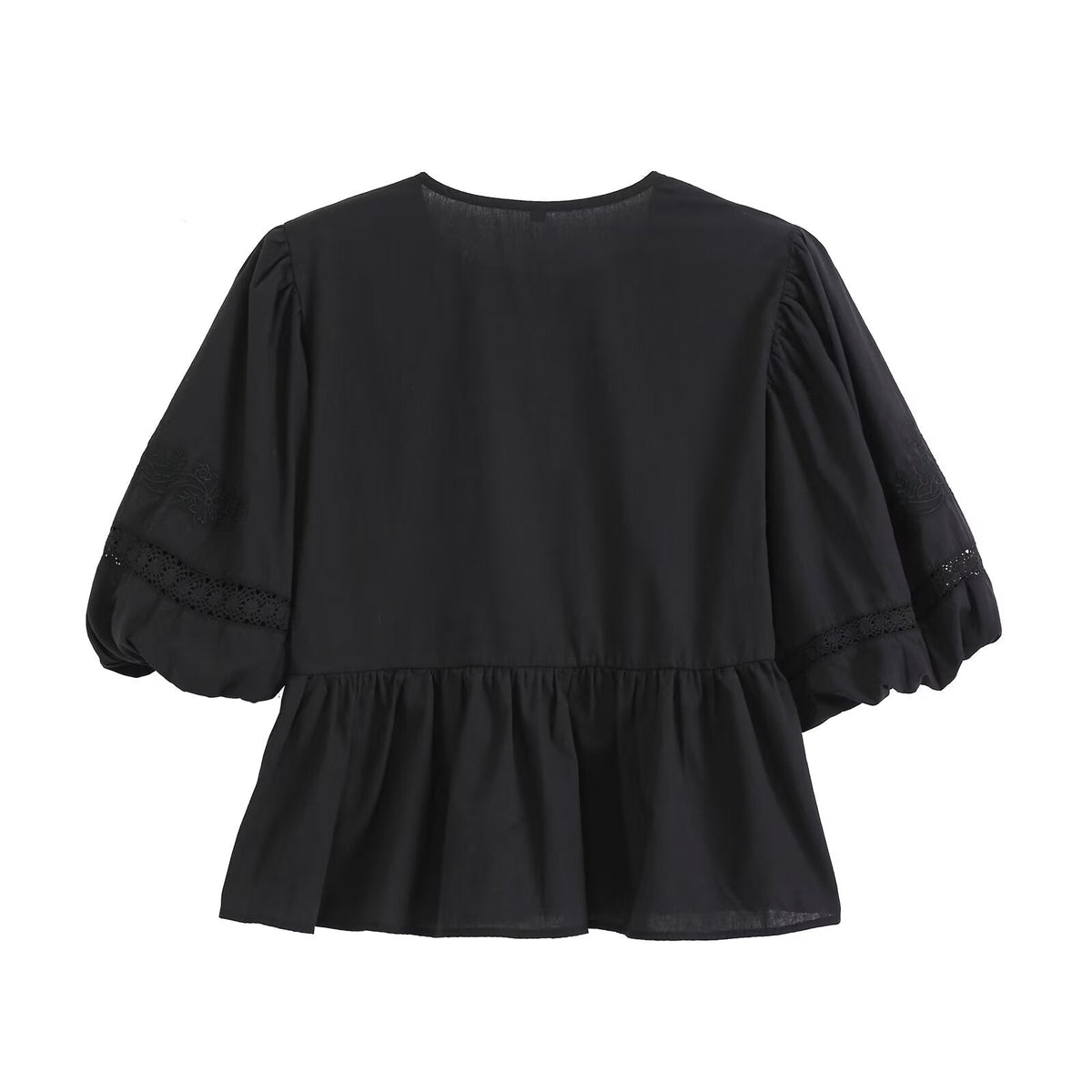 Women's hollowed out embroidered balloon sleeve shirt