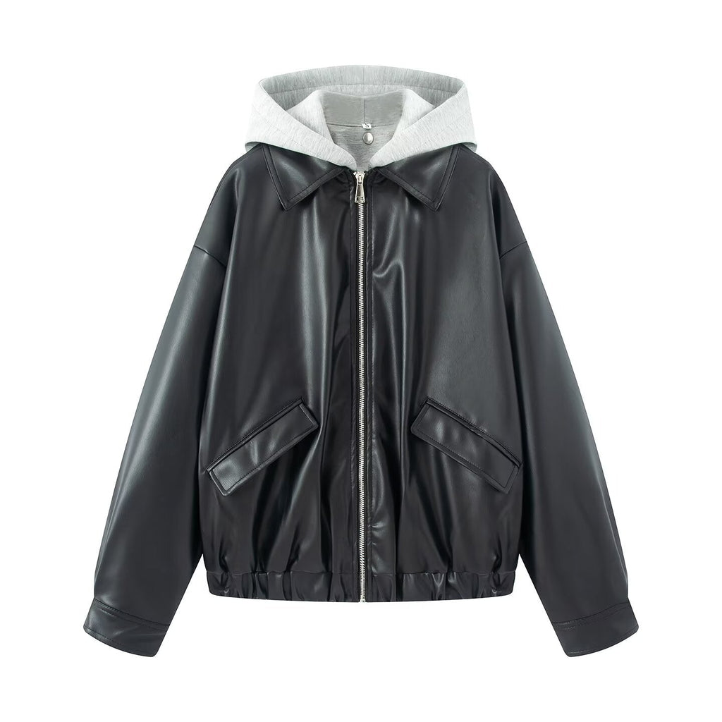 Women's patchwork hooded PU leather jacket Coat