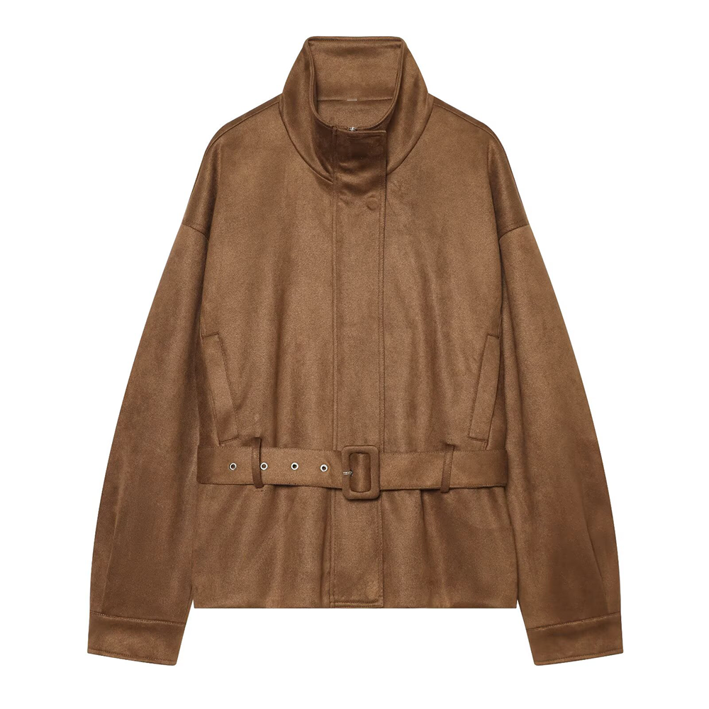 Women's with belt suede leather texture jacket Coat