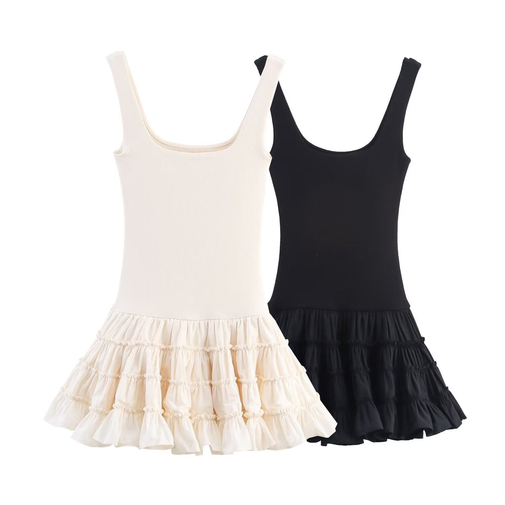 Women's New Fashion Fluffy Bottom hem Splicing Vest style Mini Dress
