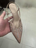 Women's New Fashion Joker Pointed Rhinestone Chain Decorative Stiletto Sandals.