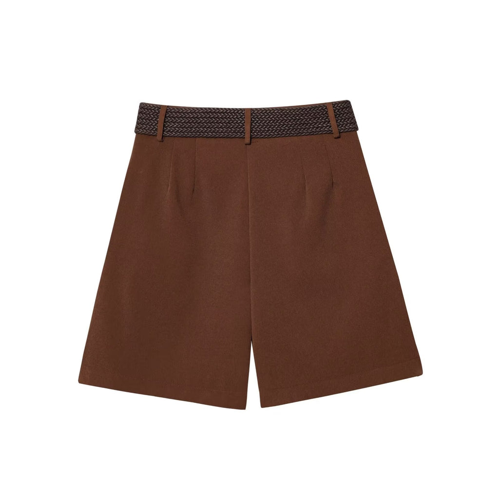 Women's new fashion with Belt casual side pocket high waist pleated shorts