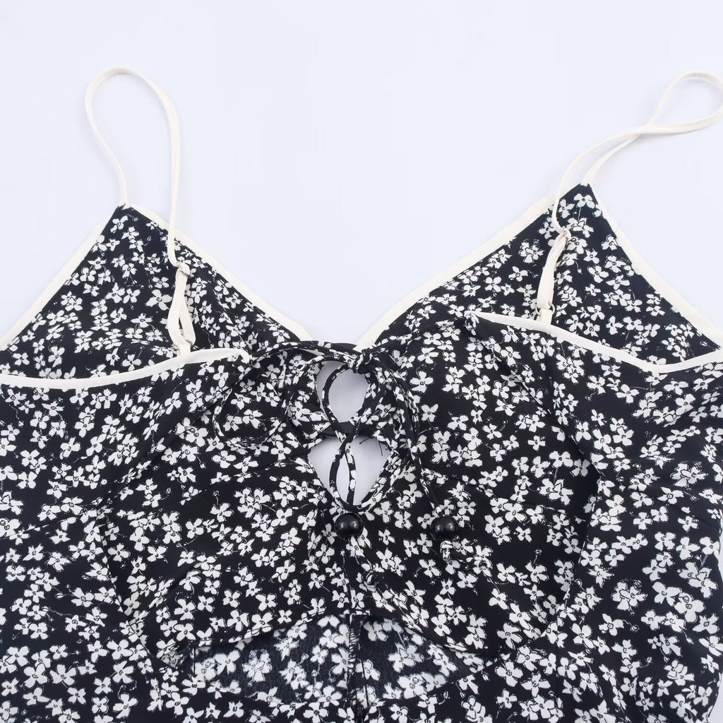 Women's Sweet Fashion Flower Printed suspender Midi Dress