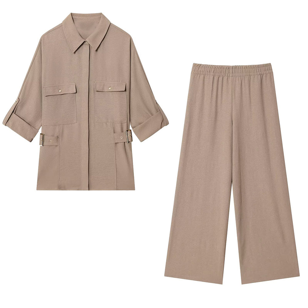 Women's new fashion loose single breasted long sleeved shirt+Pants suit