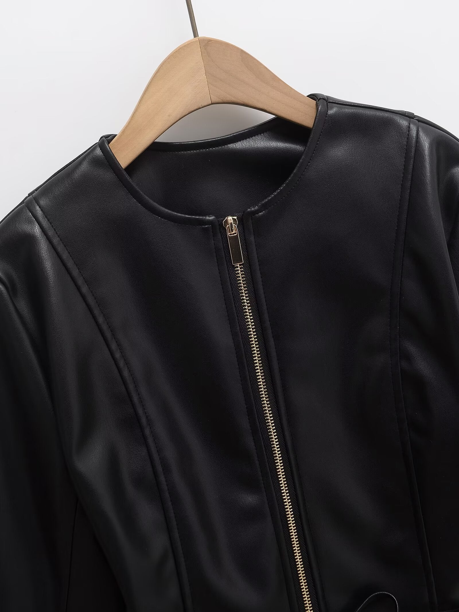 Women's with Belt O Neck zipper Faux Leather jacket Coat