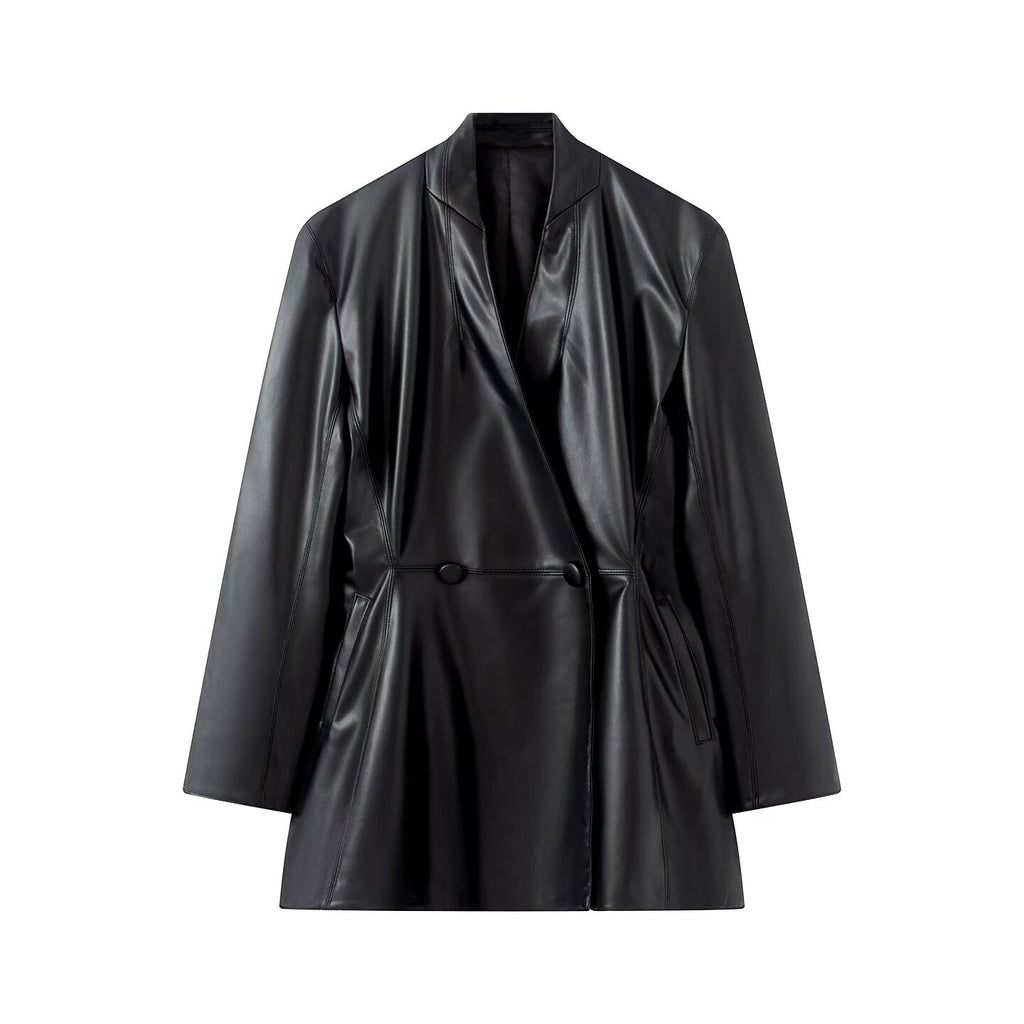 Women's slim double breasted faux leather Blazer Coat
