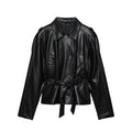 Women's new fashion with Belt black short Faux Leather windbreaker Coat