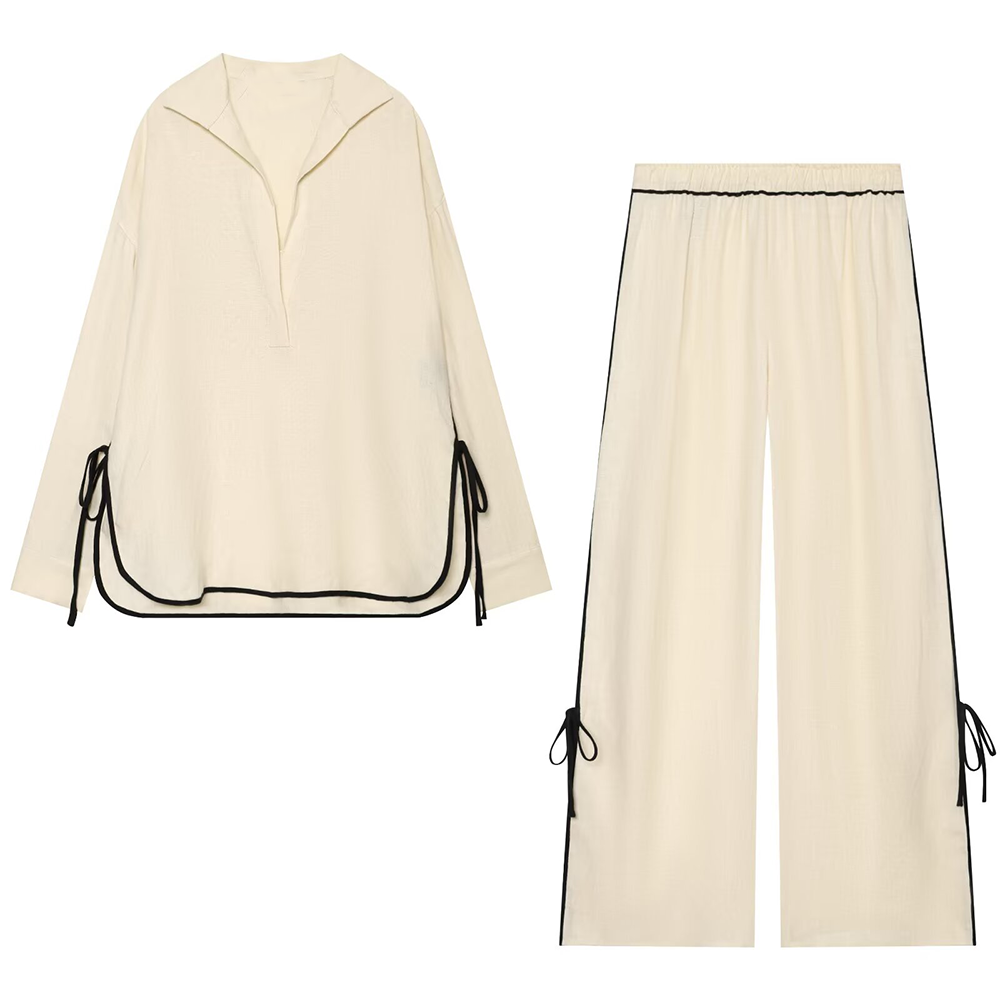 suit Women's 2 pieces lace up decorative linen blend shirt+wide leg pants