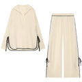 suit Women's 2 pieces lace up decorative linen blend shirt+wide leg pants