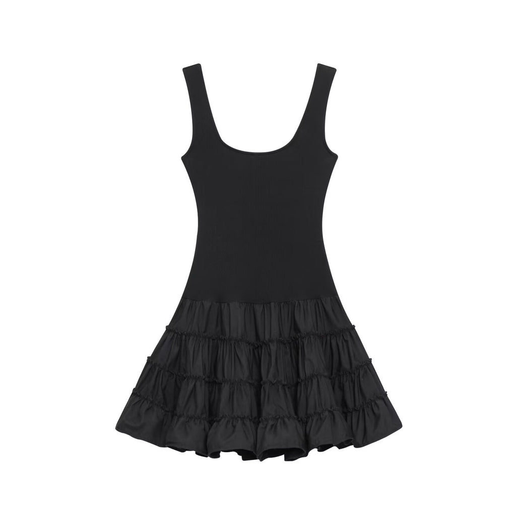 Women's new fashion fluffy hem spliced suspender mini dress