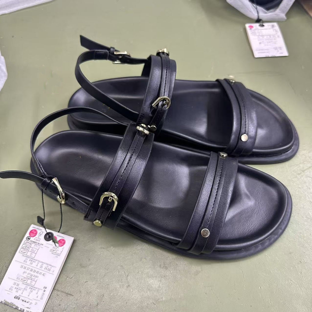 Women's New Fashion Joker Double Buckle Round Leisure Beach Flat Sandals with Slippers.