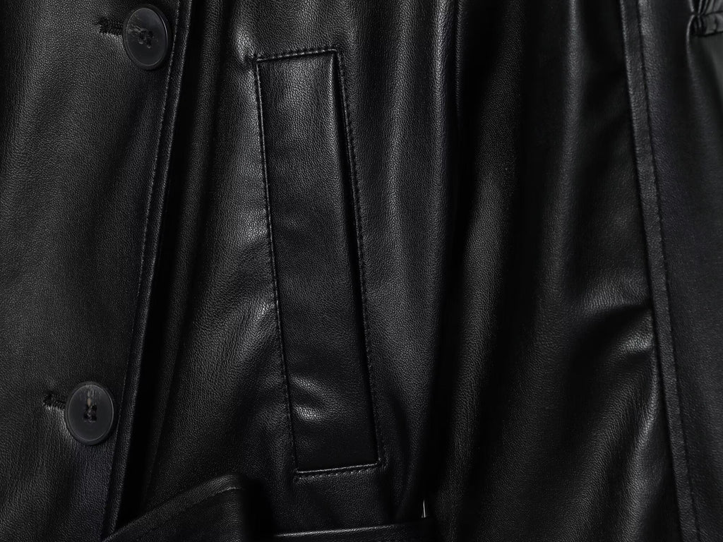 Women's new fashion with Belt black short Faux Leather windbreaker Coat
