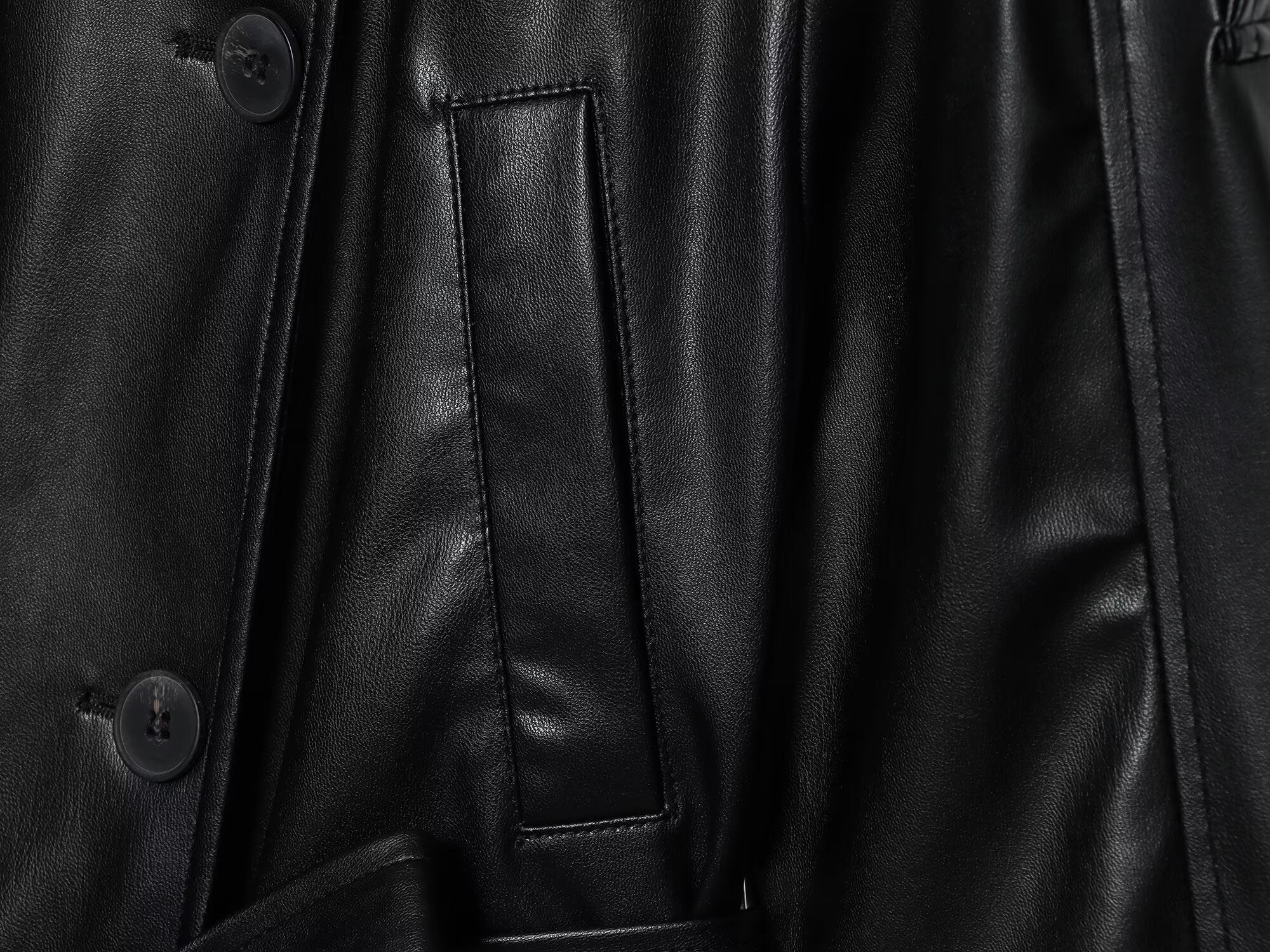 Women's new fashion with Belt black short Faux Leather windbreaker Coat
