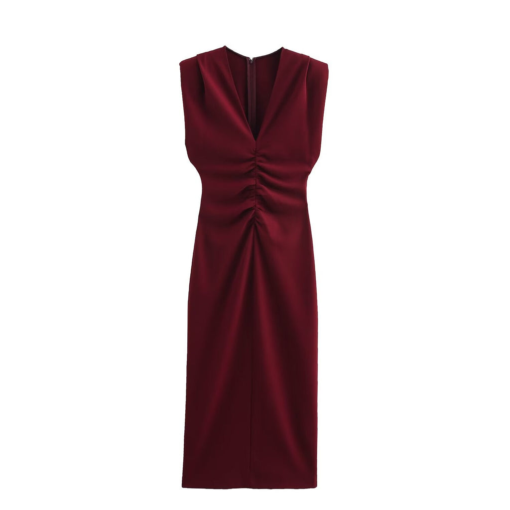Women's new chic Fashion pleated decoration sexy slim fit V Neck Midi dress retro sleeveless back zipper women's dress Mujer