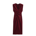 Women's new chic Fashion pleated decoration sexy slim fit V Neck Midi dress retro sleeveless back zipper women's dress Mujer